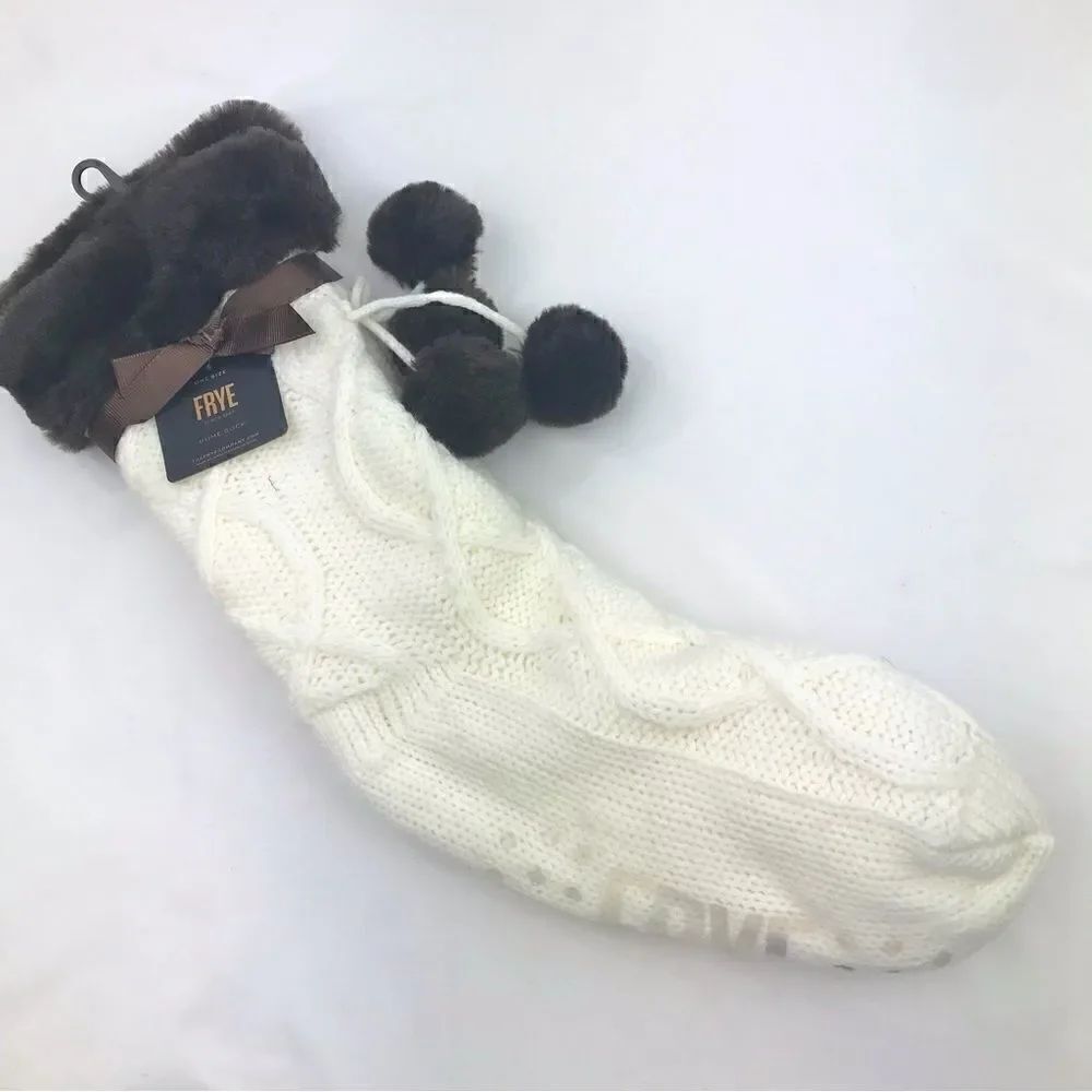 Frye Cream Knit Brown Faux Fur Pompom Trim Cozy Grip Tread Home Socks NEW